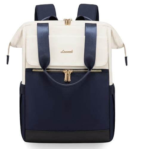 Image of LOVEVOOK Backpack Womens, 15.6 inch Laptop Rucksack Bag for Ladies, Waterproof Daypacks for Office Teacher Nurse, Fashion School Bags with USB Port for Work University Travel Business, Beige-Navy Blue