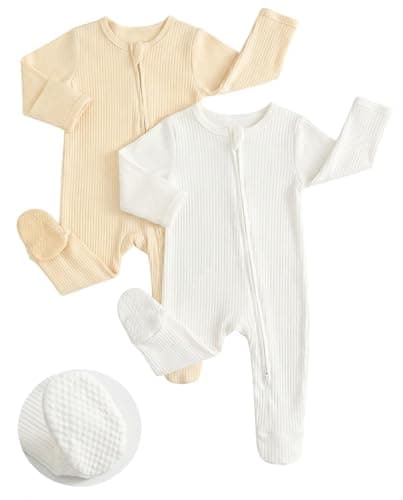 Image of JiAmy Baby Grows Sleepsuits 2 Pack, Tiny Baby 100% Cotton Two-Way Zip Long Sleeve Footed Pajamas with Mitten Cuffs Beige White 0 Months