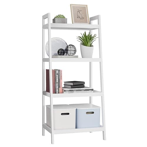 Image of SMIBUY Bamboo Ladder Bookcase, Bathroom Storage Rack Organizer, 4 Tier and 5 Tier Freestanding Plant Display Stand Space Saver Shelves for Bedroom, Balcony (White, 4 Tiers (99cm H))