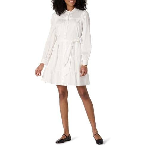 Image of Amazon Essentials Women's Cotton Sateen Long Sleeve Shirt Dress, White, S