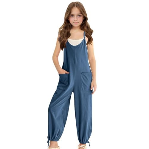 Image of Girls Adjustable Spaghetti Strap Jumpsuits Kids Sleeveless Casual Loose Overalls with Pockets Solid Color Comfy Cool 𝐃ungarees Cotton Soft Outfits (Blue, 9-10 Years)
