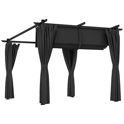 Image of Outsunny 3 x 3(m) Metal Pergola with Retractable Roof and Sidewalls, Garden Gazebo UPF30+ Sun Shade Shelter for Outdoor, Patio, Deck, Dark Grey