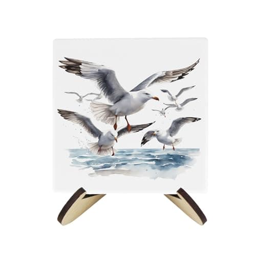 Image of Seagulls Ceramic Coaster Set - Coastal Bird Seaside Square Set of Four (4) Coasters Gift & Wood-Effect Coaster Stand