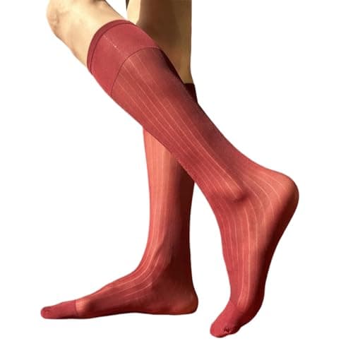 Image of YUZIMEI Men Socks, Mens Nylon Sheer Suit Socks Business Dress Socks Elastic Wide Striped See Through Formal Dress Over the Calf Stockings - Burgundy