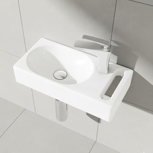Image of Durovin Bathrooms Compact Ceramic Sink 440 x 220 x 90mm (WxDxH) - Wall Hung Mount - Rectangular Cloakroom Hand Washing Basin - One Right Hand Tap Hole with Towel Rail