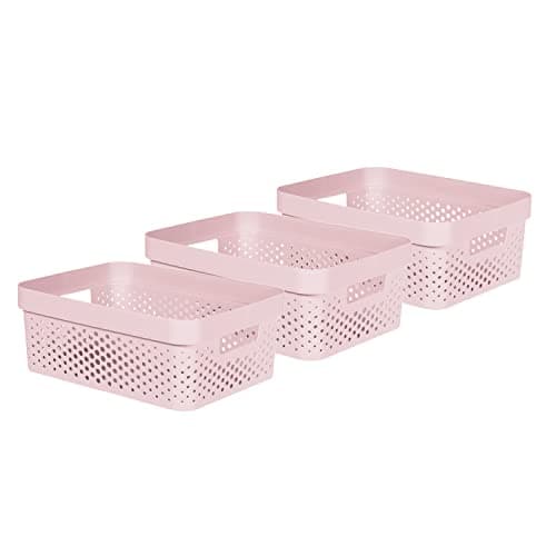 Image of CURVER Infinity Dots Set of 3 Rectangular Storage Baskets, 100% Recycled Resin, Nestable & Multifunctional, 11 Litres, Pink