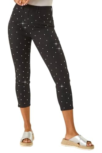 Image of Roman Originals Embellished Cropped Stretch Jeggings for Women UK - Ladies Everyday Holiday Spring Summer Comfy Soft Evening Vacation Work Party - Sparkly Black - Size 10