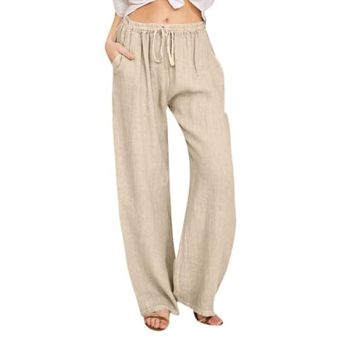 Image of YGERGWE Wide Leg Trousers for Women UK, Wide Leg High Waisted Lightweight Loose Fit Linen Pants Summer Casual Ladies Palazzo Trousers with Pockets Beige