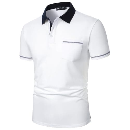 Image of STTLZMC Mens Short Sleeve Polo Shirts Contrasting Colors 100% Cotton Golf T-Shirts with Real Pockets 86 White L