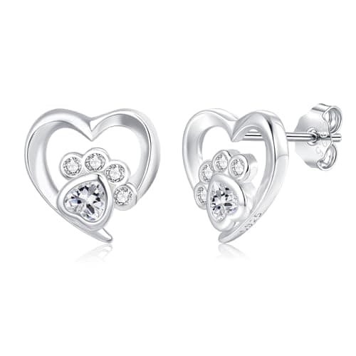 Image of Cangall Silver Stud Earrings for Women, 925 Sterling Silver Cute Puppy Dog Cat Paw Print Stud Earrings, Dainty 10mm CZ Small Sleeper Earrings Heart Studs Jewelry Gifts for Pet Lovers Girls Kids