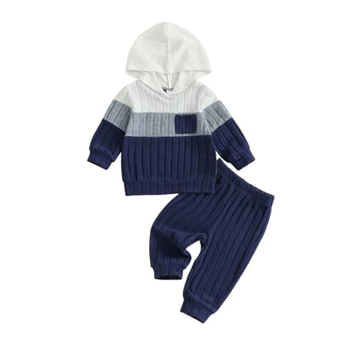 Image of Toddler Baby Boy Outfit Infant Autumn Winter Clothes Splicing Color Long Sleeve Hooded Sweatshirt Tops Trousers Boys Joggers Set Warm Jumpers (Blue, 18-24 Months)