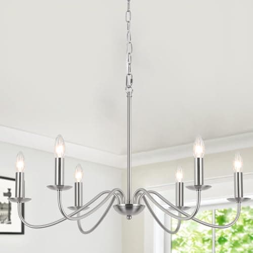 Image of MRHYSWD Silver Chandeliers Ceiling Lights Living Room, 6 Lights Pendant Light Fitting Industrial Ceiling Lighting for Kitchen Dining Room Bedroom Hall, Height Adjustable, E14 Bulbs (Exclude)