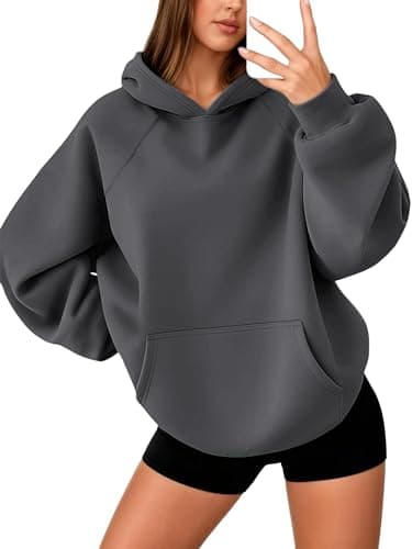 Image of Oyamiki Hoodies for Women Basic Hoody Casual Fall Outfits Oversized Fleece Hoodie Solid Sweatshirt Pullover Tops Dark Grey L