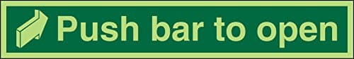 Image of Seco Push Bar to Open - Arrow Pointing Right Sign, 300mm x 50mm - Photoluminescent Self Adhesive Vinyl