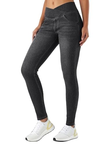 Image of LaiEr Women V Crossover Skinny Jeans High Waist Tummy Control Casual Fitness Leggings,Supple Elasticity Casual Denim Pants uitable for Yoga,Fitness,and Leisure,with Side Pockets.(DarkGreyM)