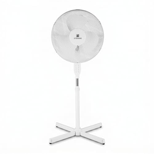 Image of Straame 16 Inch White Pedestal Fan, Standing Electric Fan with Adjustable Height 105-125 cm, 3 Speed Settings, Oscillation, Tilting Head, 45 W Low Energy Cooling for Home and Office