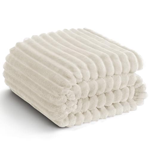 Image of WAVVE Fleece Throw Blanket - Double/Twin Size Fluffy Soft Warm Striped Blankets for Sofa, Bed, Couch, Cute Fuzzy Decorative Bed Blanket for Women and Girls, Beige, 150x200cm