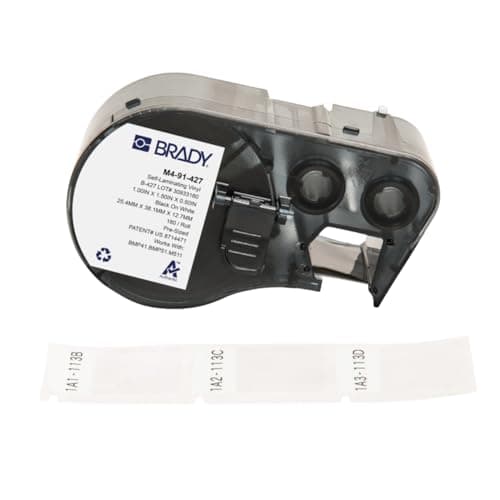 Image of Brady Self-Laminating Vinyl Pre-Sized Labels for Label Printer BMP41/BMP51/BMP53/M511-180 Self Adhesive Printer Labels - Black on White, Transparent (25,40 mm (W) x 38,10 mm (H)) - M4-91-427
