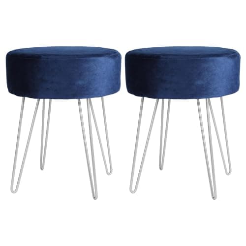 Image of Harbour Housewares Velvet Round Foot Stools - Blue with Silver Legs - Pack of 2 - Small Modern Dressing Table Pouffe Footstool Vanity Seats Vanity Chairs Footstools for Living Room, Bedroom