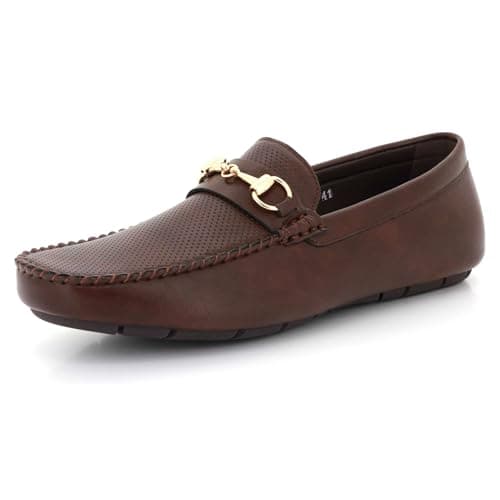 Image of Mens Faux Leather Woven Loafers Metal Buckle Comfortable Slip-On Driving Moccasins Soft Cushioned Insole Lightweight Daily Casual Gents Coffee Shoes Size 9 UK 43 EU