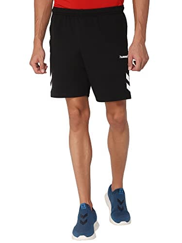 Image of hummel Ray Solid Men's Cotton Rich Shorts with Zip Pockets, Comfortable Breathable Fabric, Stretchy for Daily Use, Ideal for Casual Wear, Yoga, Workout, black, M