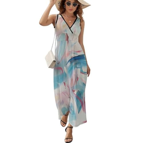 Image of Women Summer Abstract Stripes Graffiti Print Dresses V Neck Sleeveless Sundress Casual Swing Elastic Waist Midi Dress Flowy Swing T Shirt Dresses Blue