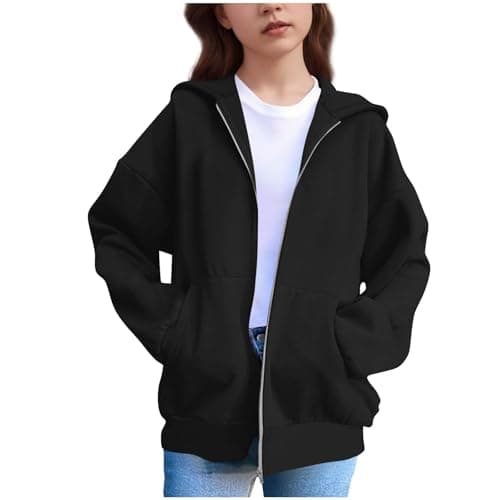 Image of Girls Hoodie Kids Classic Plain Full Zip-Up Hooded Sweatshirt Fleece Zipper Top Jacket Warm Zipped Coat Long Sleeve PE School Sweat Hoodie Casual Fashion Children for Girls (Black, 14-15 Years)