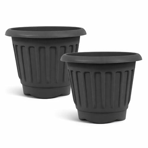 Image of simpa Round Chunky Black Plastic Indoor or Outdoor Planters - Set of 2 Pots 40cm