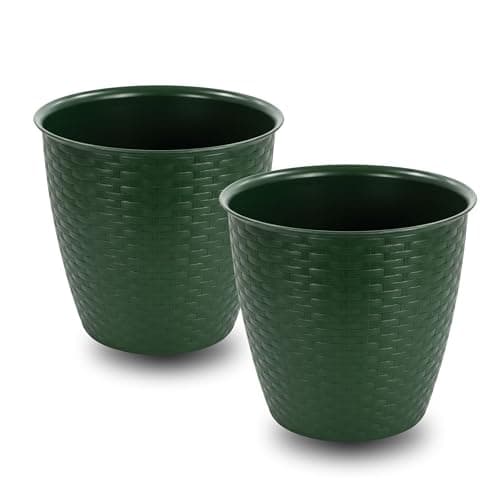 Image of ADEPTNA Set of 2 Round 25cm Garden Plastic Rattan Plant Pots – Durable Indoor & Outdoor Planters with Drainage Holes – Weather & UV Resistant Lightweight Flower Pots – Green