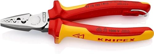 Image of KNIPEX Crimping Pliers for Wire Ferrules Insulated with Multi-Component Grips, VDE-Tested with Integrated Insulated Tether Attachment, 97 78 180 T
