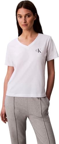 Image of Calvin Klein Women’s 2 Pack Short Sleeve V-Neck Logo T-Shirts, Multicolor (Black/Brilliant White), XXS