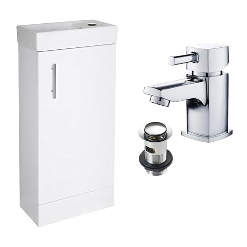 Image of The Home Store Gloss White 400mm Vanity Unit with Ceramic Basin Square Chrome Mixer tap & Waste