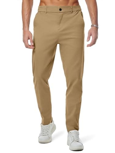 Image of Elegancity Mens Chino Trousers Slim Fit Tapered Leg Dress Pants Cotton Twill Chinos Smart Casual Stretch Pants with Pockets Khaki, L
