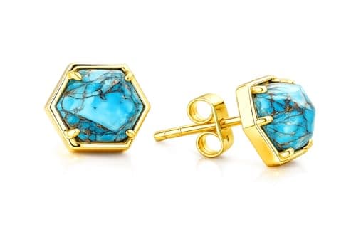 Image of Gempires Copper Turquoise Hexagon Gemstone Stud Earrings for Women| 14K Gold Plated Prong Bezel Crystal Studs| Minimalist Geometric Small Gold Earrings | Hypoallergenic Natural Stone Jewelry