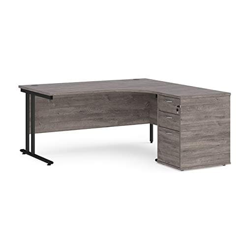Image of Mr Office Maestro 25 right hand ergonomic desk with black cantilever frame and desk high pedestal bundle, Grey oak, 1600