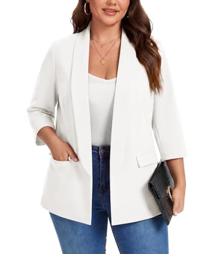Image of Kyzoeyou XL-5XL Plus Size Shawl Lapel Blazer Womens 3/4 Sleeve Suits Half Lined & Flap Pockets Ladies Daily Casual Outerwear Jackets (White XXL)
