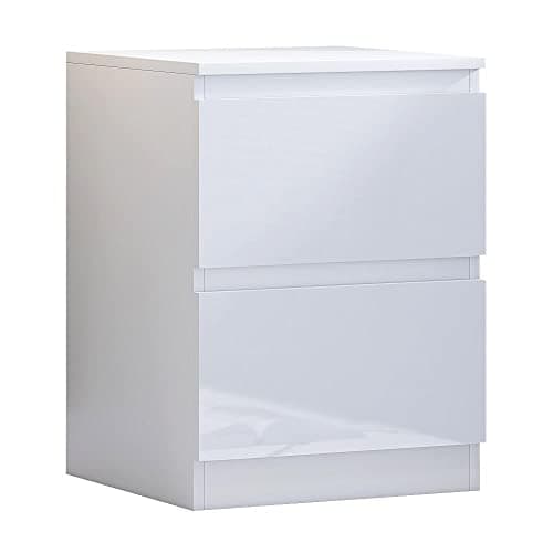 Image of FWStyle Carlton Tall 2 Drawer Bedside Cabinet Matt White with White Gloss Drawer Fronts, Modern Bedroom Furniture with Handleless Design, Scratch Resistant Finish, Compact Storage Table