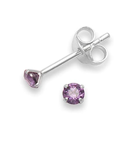Image of Heather Needham Sterling Silver Cubic Zirconia Stud Earrings - Size: 3mm, Tiny & Discreet, Gift Boxed, Purple CZ, 5550PP