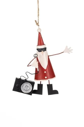 Image of Shoeless Joe Tin Santa Christmas Tree Decoration, Karaoke Style with Sunglasses and Microphone, Red and White, 8 x 14 x 4 plus hanging string
