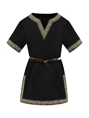 Image of Haloumoning Boys' Medieval Tunic, Children's Cosplay T-Shirts, Costume, Halloween, Renaissance, Viking, Warrior, Knight Tops, Black, 10-12 Years