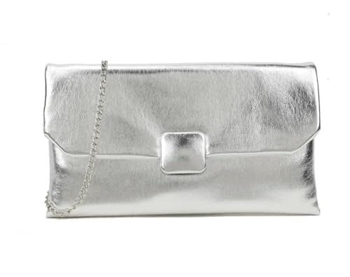 Image of LeahWard Metallic Clutch Purse with Gold Chain, Large Soft Faux Leather Clutch Bag, Bag For Wedding, Prom, Party (SILVER)