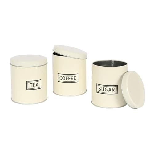 Image of Harbour Housewares 3pc Tea Coffee Sugar Canisters Set – Cream Round Metal Kitchen Storage Tins with Airtight Lids – Modern Industrial Food Caddy Containers for Countertop Organisation