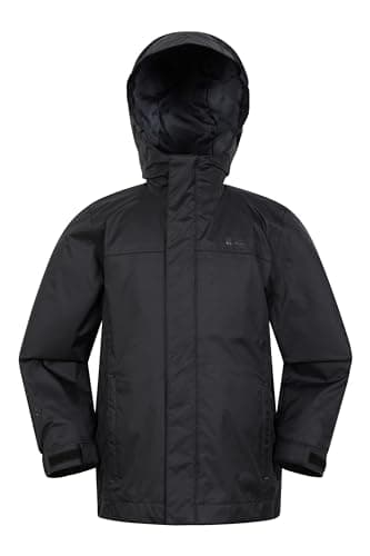 Image of Mountain Warehouse Torrent Kids Waterproof Rain Jacket - Taped Seams Raincoat, Lightweight, Breathable, Girls & Boys - Spring Summer, Wet Weather Jet Black (Plain) Kids Size 9-10 Years