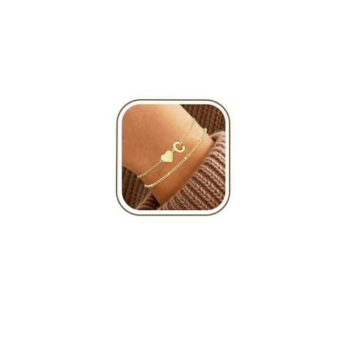 Image of Smilya Gold Bracelets for Women Heart Initial Bracelets Hypoallergenic A-Z Initial Heart Bracelet Gold Double Letter Name Bracelets for Womens Girls Birthday Gifts