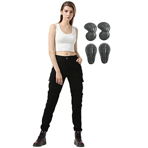 Image of SHAIYOU Womens Motorcycle Trousers,Ladies Motorbike Protective Jeans Stretch Armoured Riding Motocross Racing Pants with Removable Armour and Multi-pockets (Black,M)