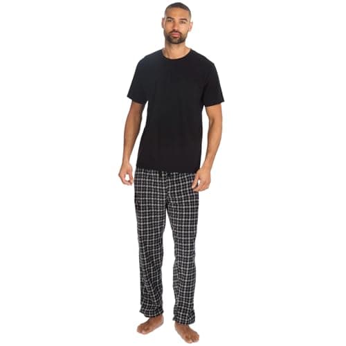 Image of Style It Up Mens Short Sleeve Pyjama Set Cotton Top Brushed Fleece Bottoms PJ Loungewear/Nightwear (BLACK-BLACK, M)