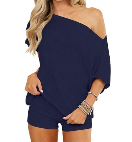 Image of INFITTY 2 Piece Sets for Women Loungewear Summer Pajama Sleepwear Off Shoulder Shirts and Shorts Outfits Sexy Lounge Set M Navy Blue
