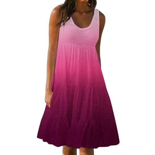 Image of Women's Summer Dress Plus Size Boho Midi Dresses Casual Sleeveless Sundress Bohemian Pleated Beach Dress Ladies Flowy Holiday Swing Loose Fit Dresses for Party Evening Hot Pink