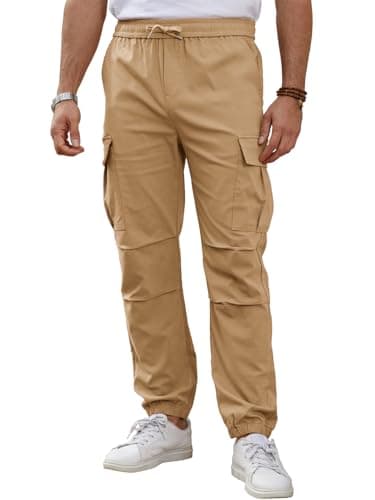 Image of TMEOG Mens Cargo Trousers with Multiple Pockets Lightweight Work Joggers Elastic Waist with Drawstring Casual Tracksuit Bottoms (Khaki,XL)