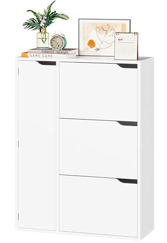 Image of IRONCK Shoe Storage Cabinet Cupboard, 3 Flip Drawers, Shoe Rack Cabinet Hallway with Boot Cabinet, Free Standing Wooden Shoe Storage Organiser Unit, Entryway Living Room Furniture, 77x30x112cm (White)